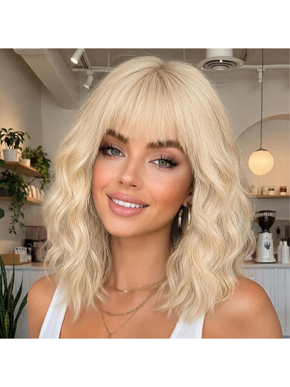Women's light beige wavy Short Shoulder Curly with Bangs 16 Inch Synthetic Wig